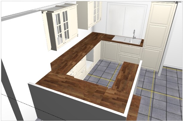 Kitchen with U-shaped wooden countertop, white cabinets, sink, and gray tiled floor.