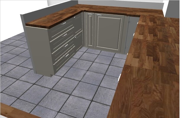 Kitchen with gray base cabinets, wooden countertops, and tiled floor in the corner area