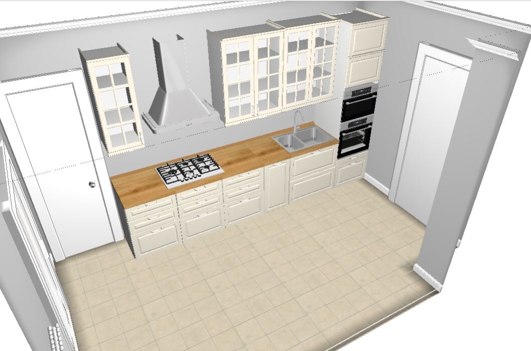 3D kitchen with sink, stove, base cabinets, wall cabinets, and wooden countertop
