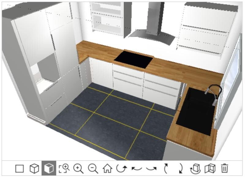 3D top view: kitchen with wood countertop, sink, stove, white cabinets, gray tiles (yellow grout).