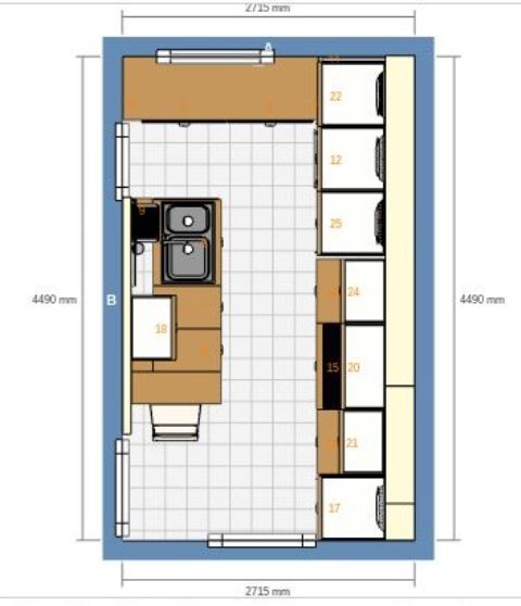 Kitchen floor plan: sink, stove, work surfaces, and cabinets in rectangular room.