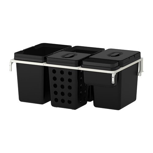 Multiple waste sorting system in black with three waste containers and metal frame