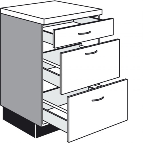 Cabinet with three drawers; top and middle open, side view.