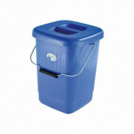 Blue plastic trash bin with lid and handles.