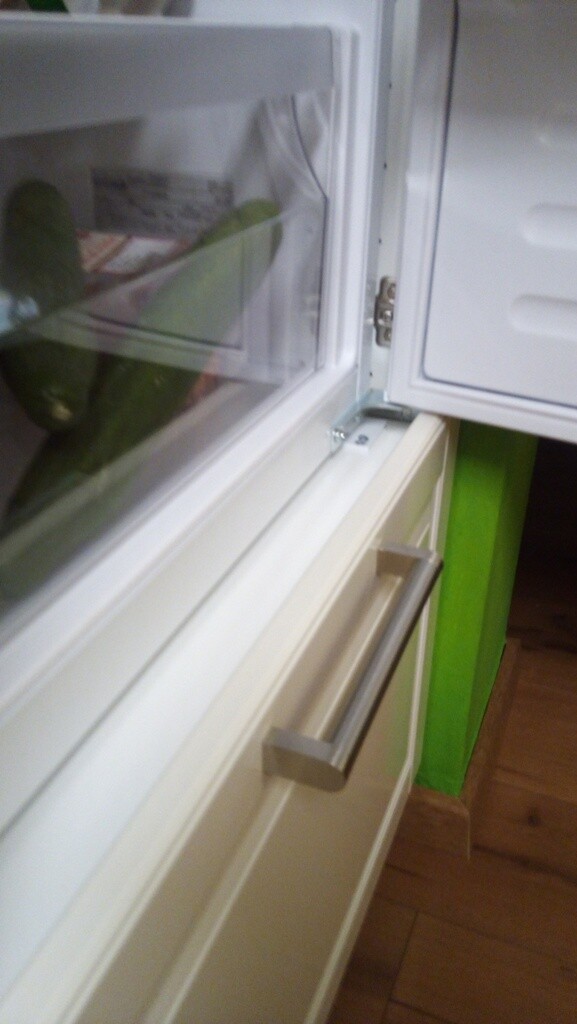 Open kitchen with white refrigerator, green painted wall, and wooden floor.