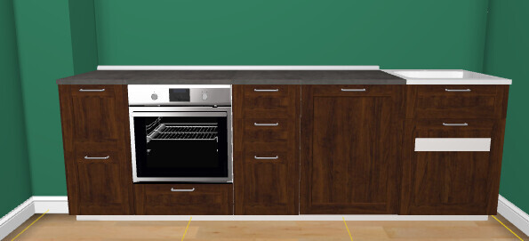 Modern kitchen with dark brown wooden cabinets, built-in oven, and green painted wall.