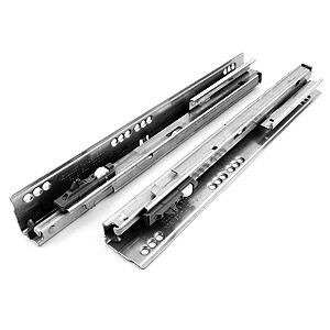 Three metallic drawer runners, extendable rails side by side.