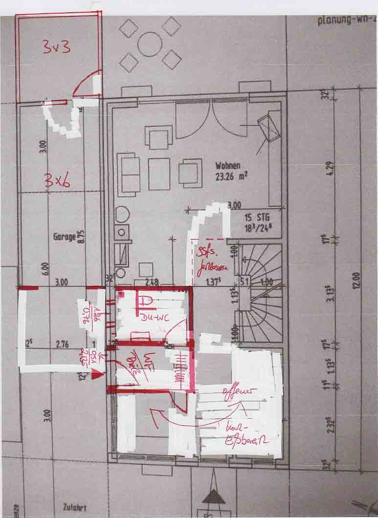 Floor plan of a house with living room, staircase and shower-WC
