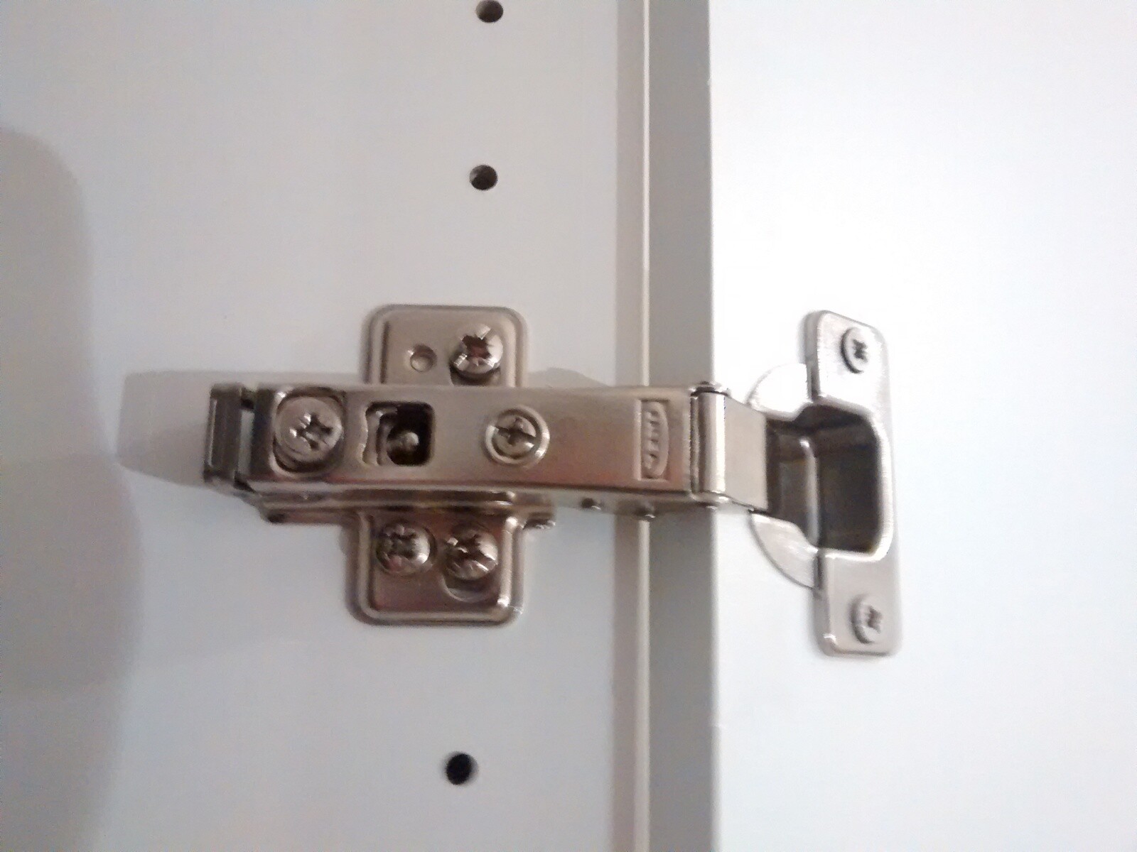 Close-up of a stainless steel door hinge on a white door