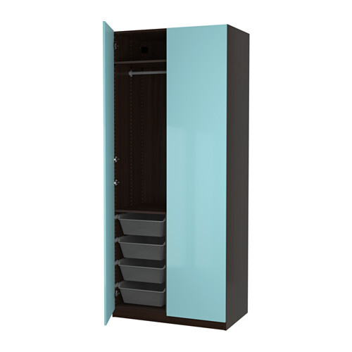 Wardrobe with turquoise doors, left door open, rail and four drawers.