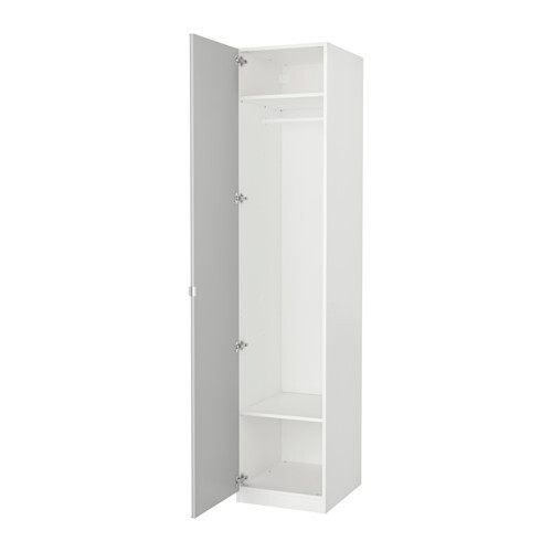 Narrow white wardrobe with open door; inside clothes rail and shelves.
