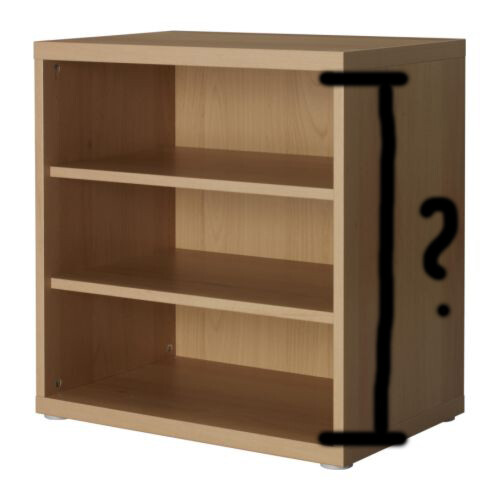 Light wooden shelf with three shelves, open front; large black question mark on the side.