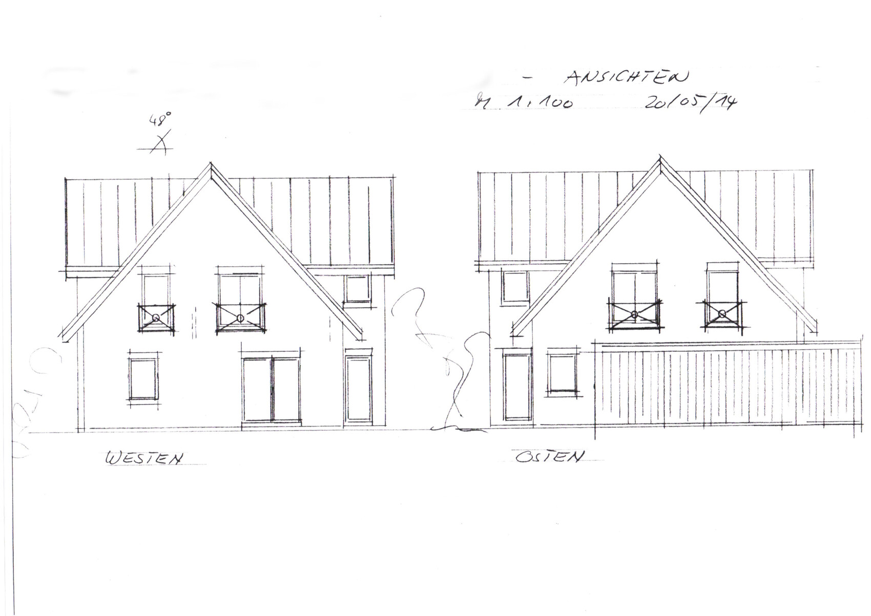 Two hand-drawn house elevations with gable roof, balcony, west and east side