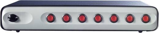 Front side of a device with eight red LED lights in a row and a rotary knob on the left