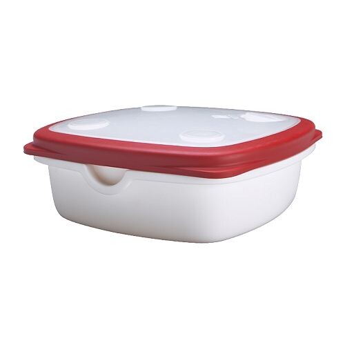 White plastic lunchbox with red lid, ideal container for food