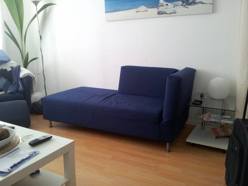 Bright living room with blue sofa, plant, and side table next to a lamp.
