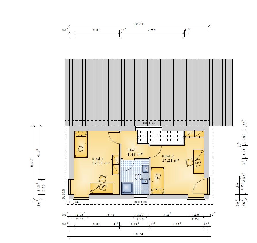 Attic floor plan: two children’s rooms, corridor, bathroom, stairs.