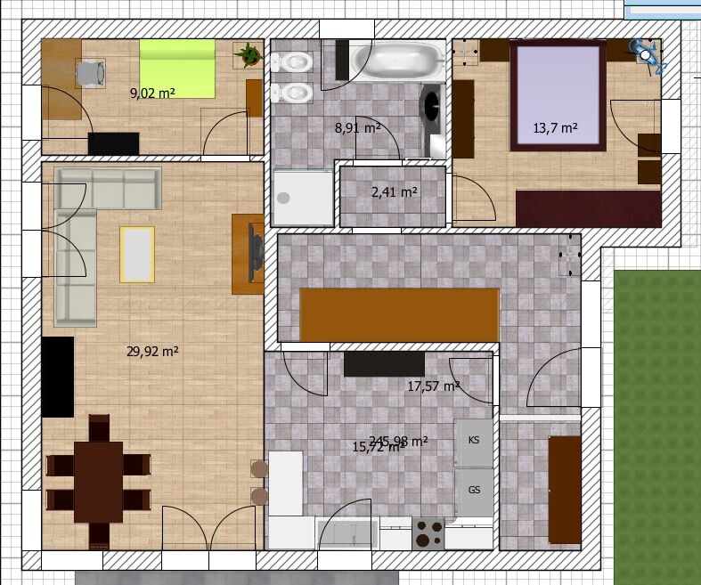 Floor plan of a house with living room, kitchen, dining area, hallway, two bedrooms, bathroom, and garden.