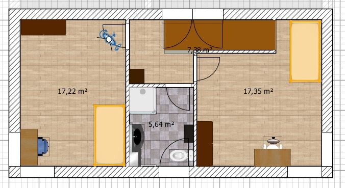 Floor plan of an apartment: 2 rooms, bathroom, hallway; left 17.22 m² (185.3 sq ft), right 17.35 m² (186.7 sq ft)