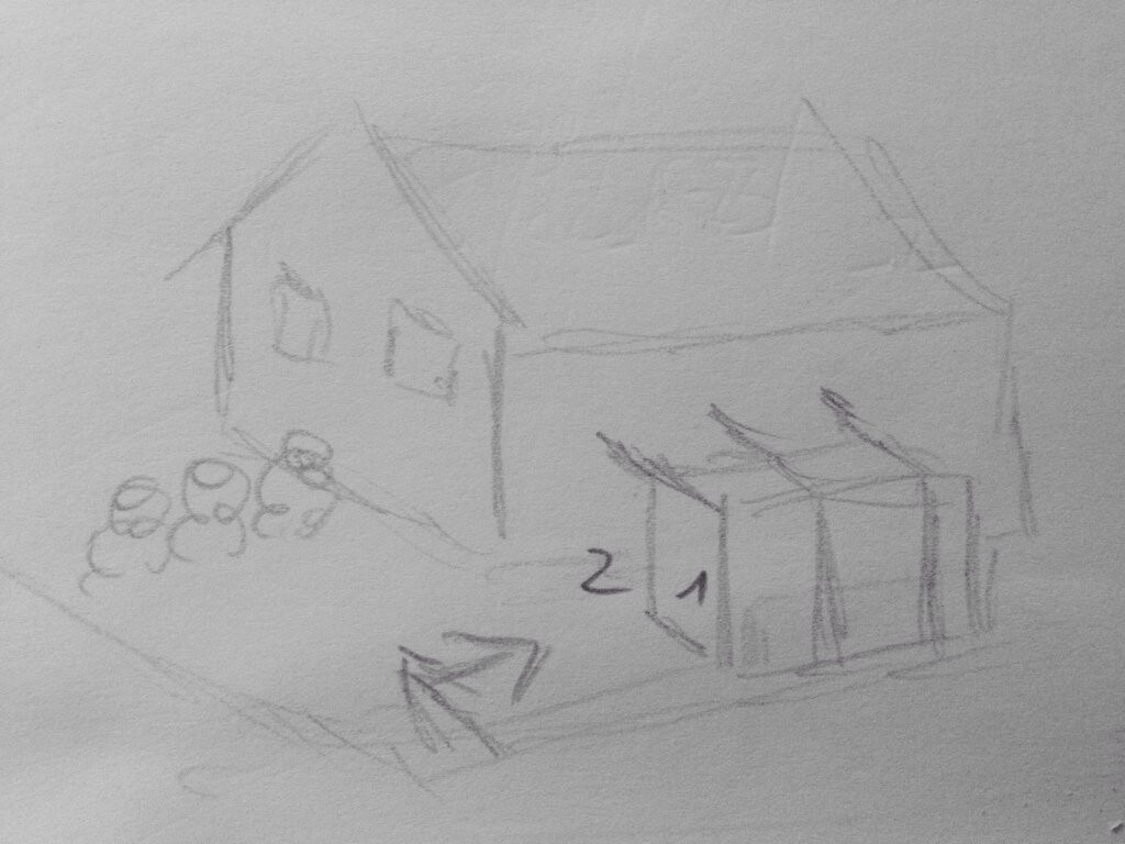 Hand-drawn house front sketch with roof, veranda, and stairs in the foreground