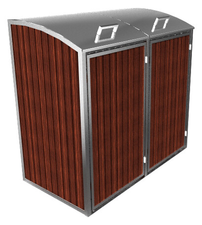 Two garden cabinets with wood cladding and metal frame and doors