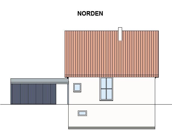 North elevation of a house with red roof, white facade, and garage