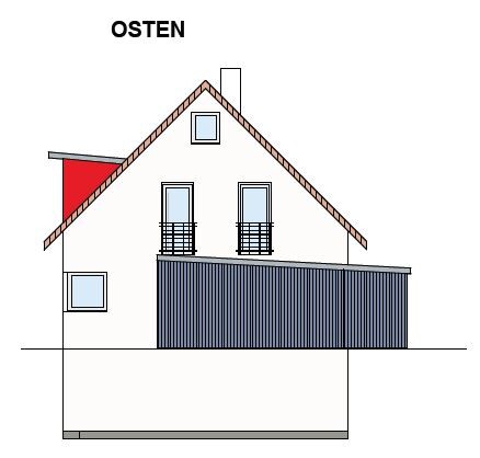 East elevation of a multi-story house with gable roof, red extension on the left, and blue facade cladding