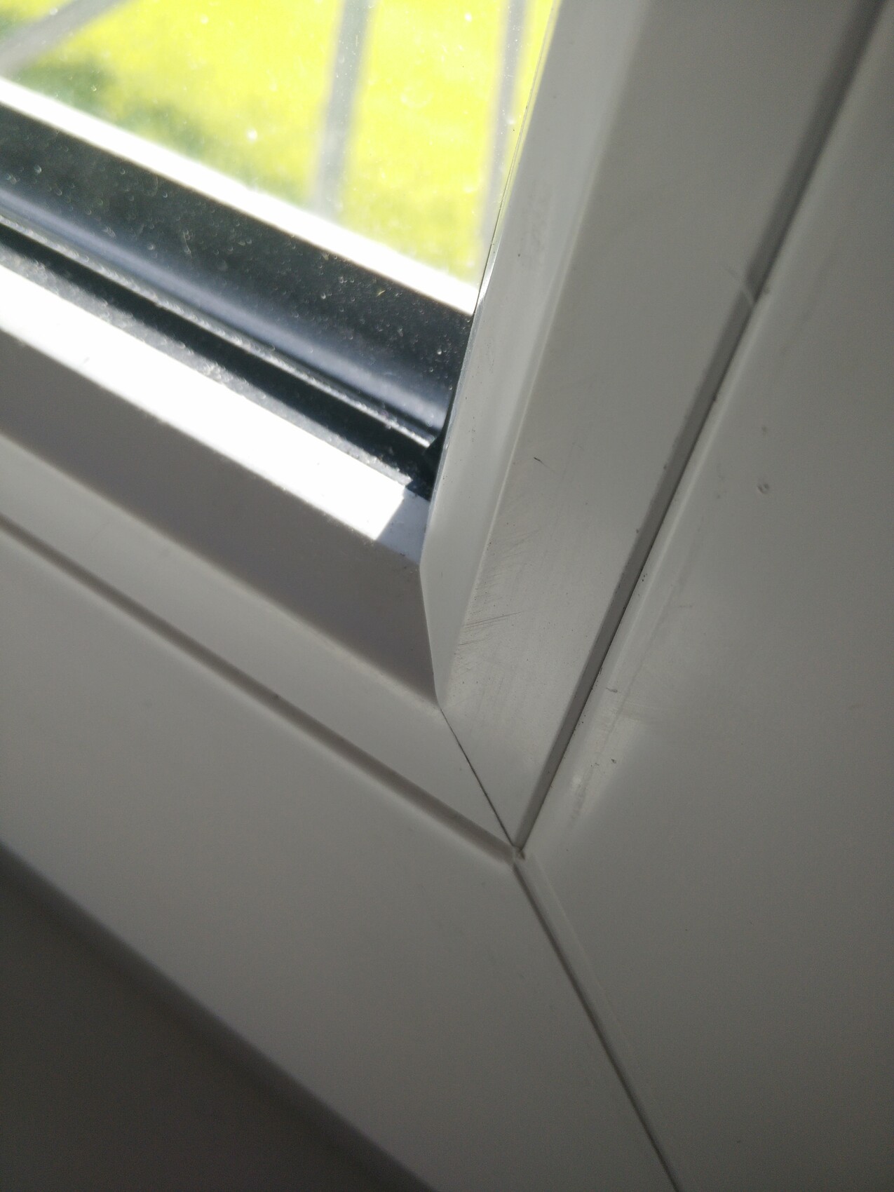 Close-up of a white window frame with seal and green background