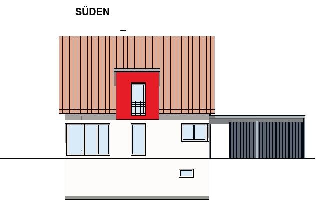 Front view of a single-family house with brown roof, red dormer, and garage on the right