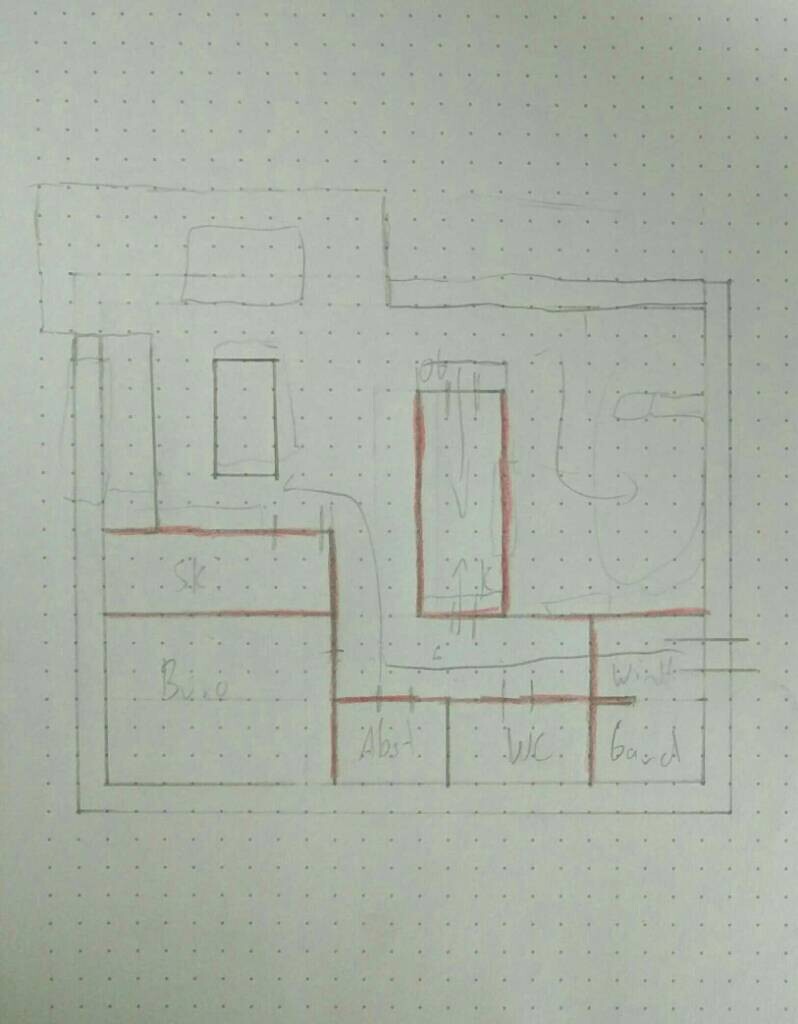 Skizzenhafter Grundriss eines Hauses mit mehreren Räumen und roten Markierungen.