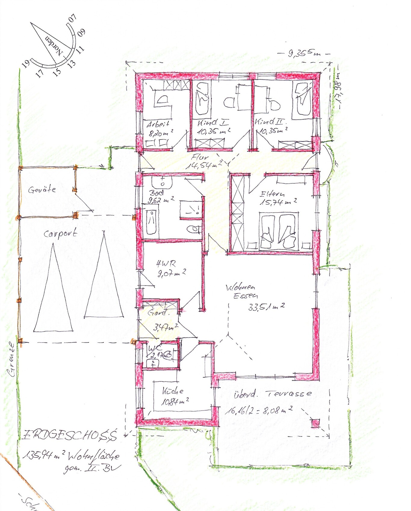 Hand-drawn floor plan of a house with ground floor, rooms, hallway, kitchen, bathroom, and terrace