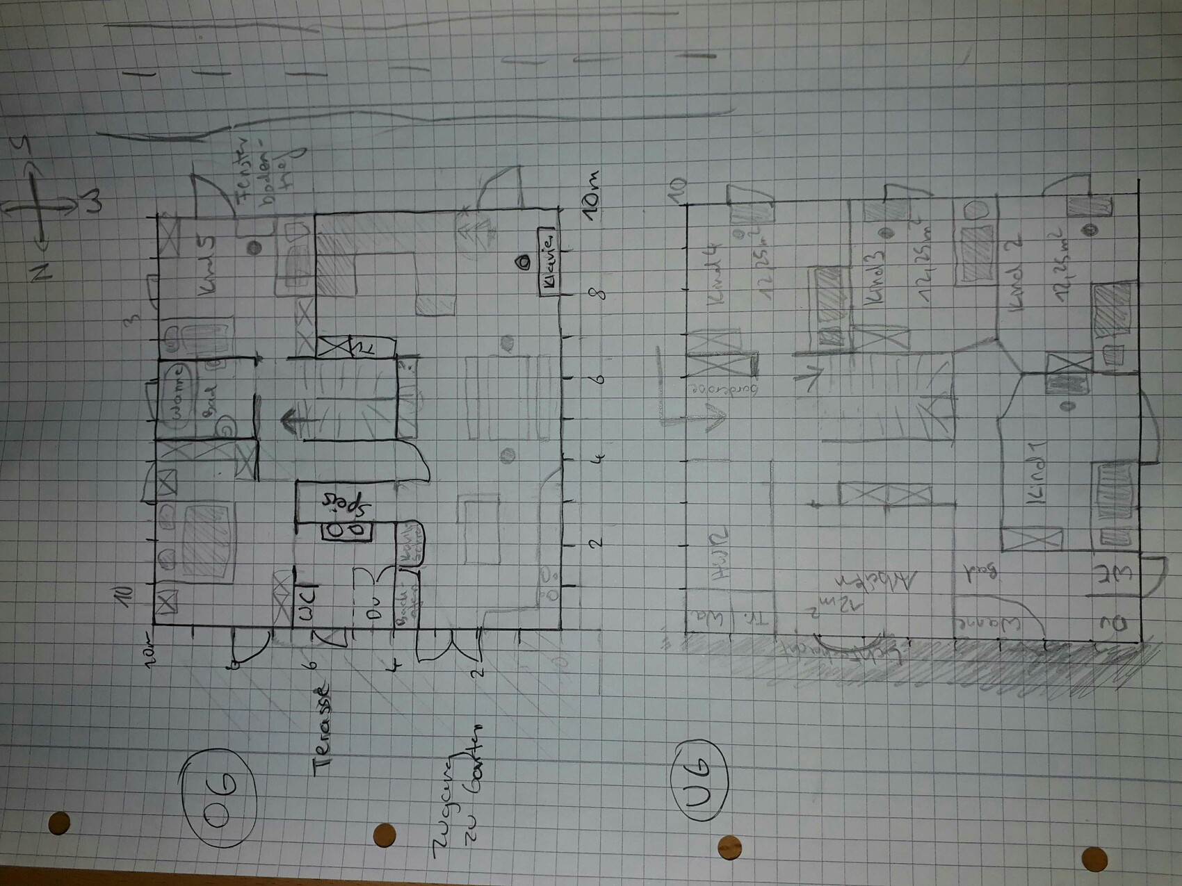 Sketchy floor plan of two apartments with rooms, doors, and furniture.