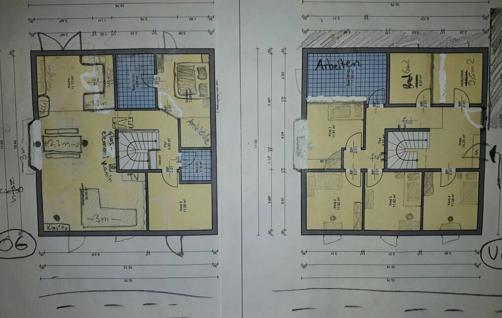 Two floor plans of a house from above; yellow rooms, blue bathroom areas, central staircase, margin notes.