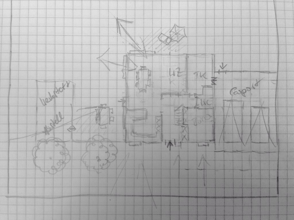 Sketch of a building with garden, stairs, and trees on a graphic floor plan.