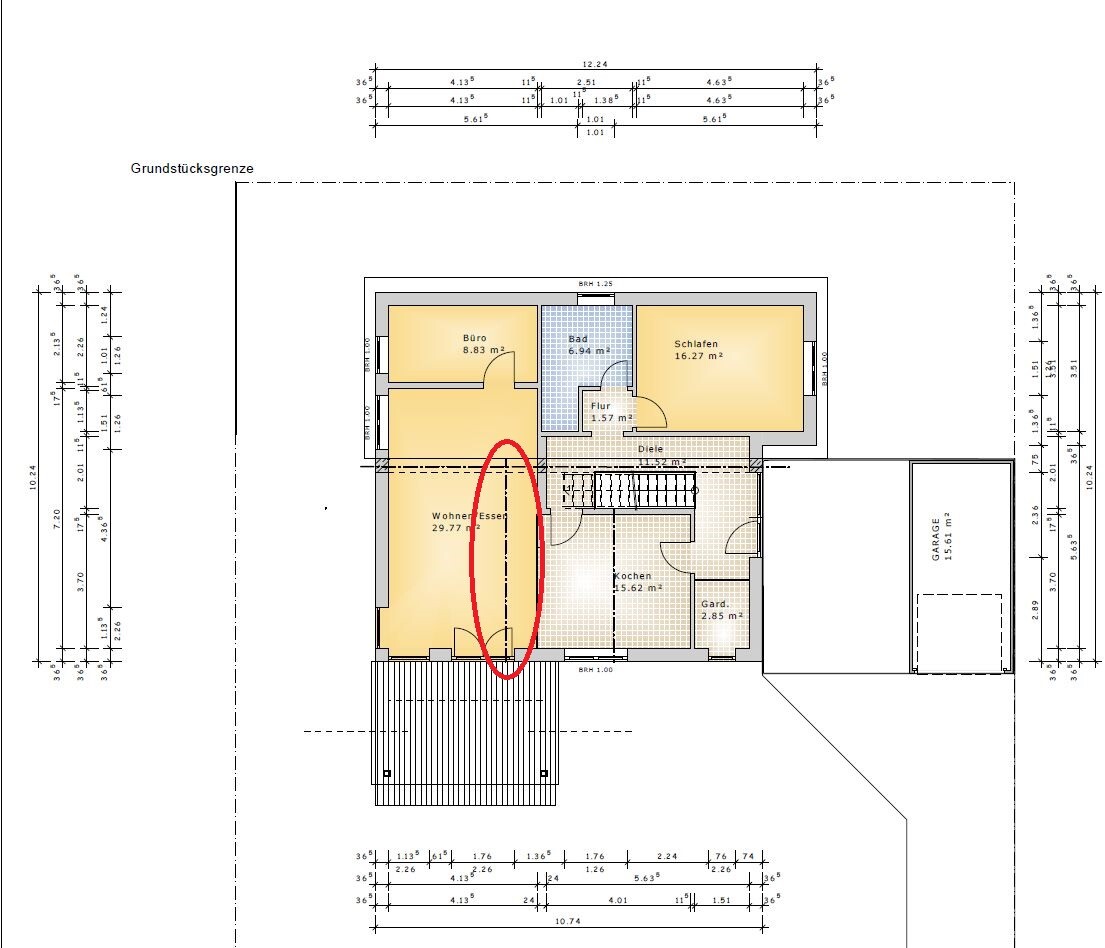 Floor plan of a house with living/dining area, kitchen, office, bathroom, bedroom, hallway and garage.