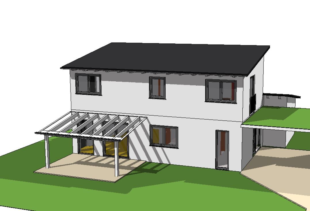 Two-story single-family house with dark flat roof, pergola terrace, windows and garden.