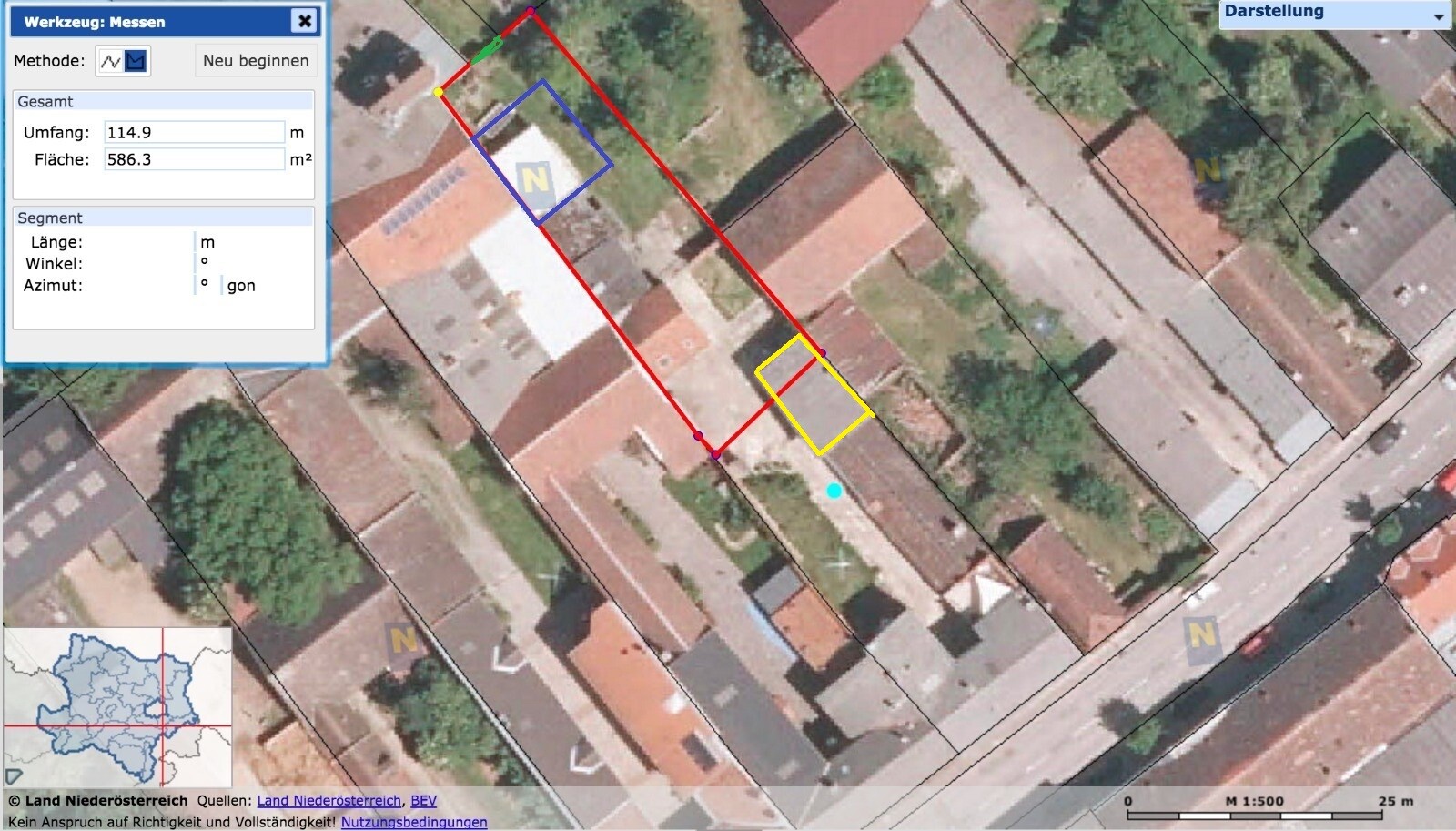 Aerial photo of a residential area with red, blue, and yellow measurement polygons.