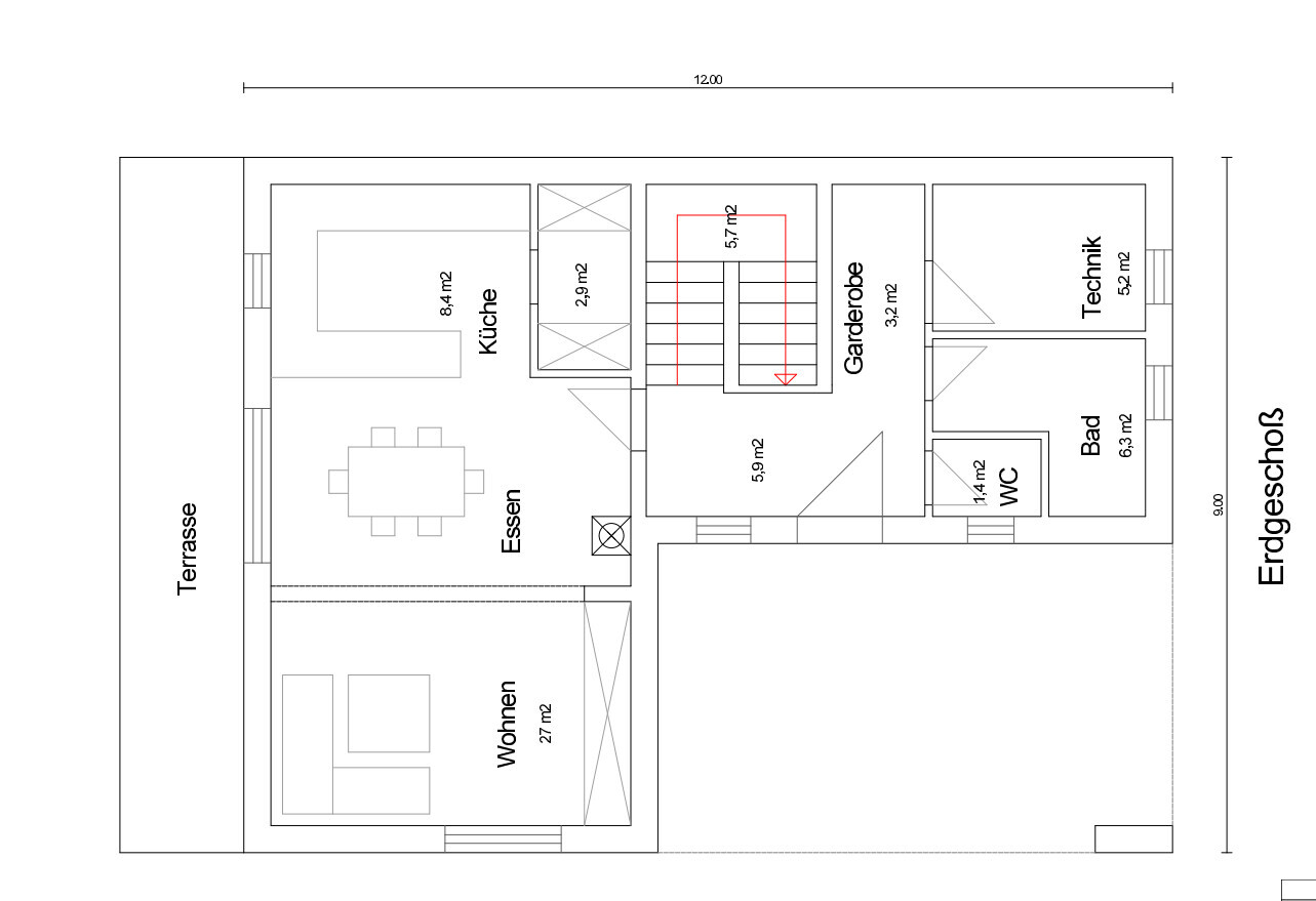 Ground floor plan: terrace, living, dining, kitchen, wardrobe, bathroom, WC, technical room.