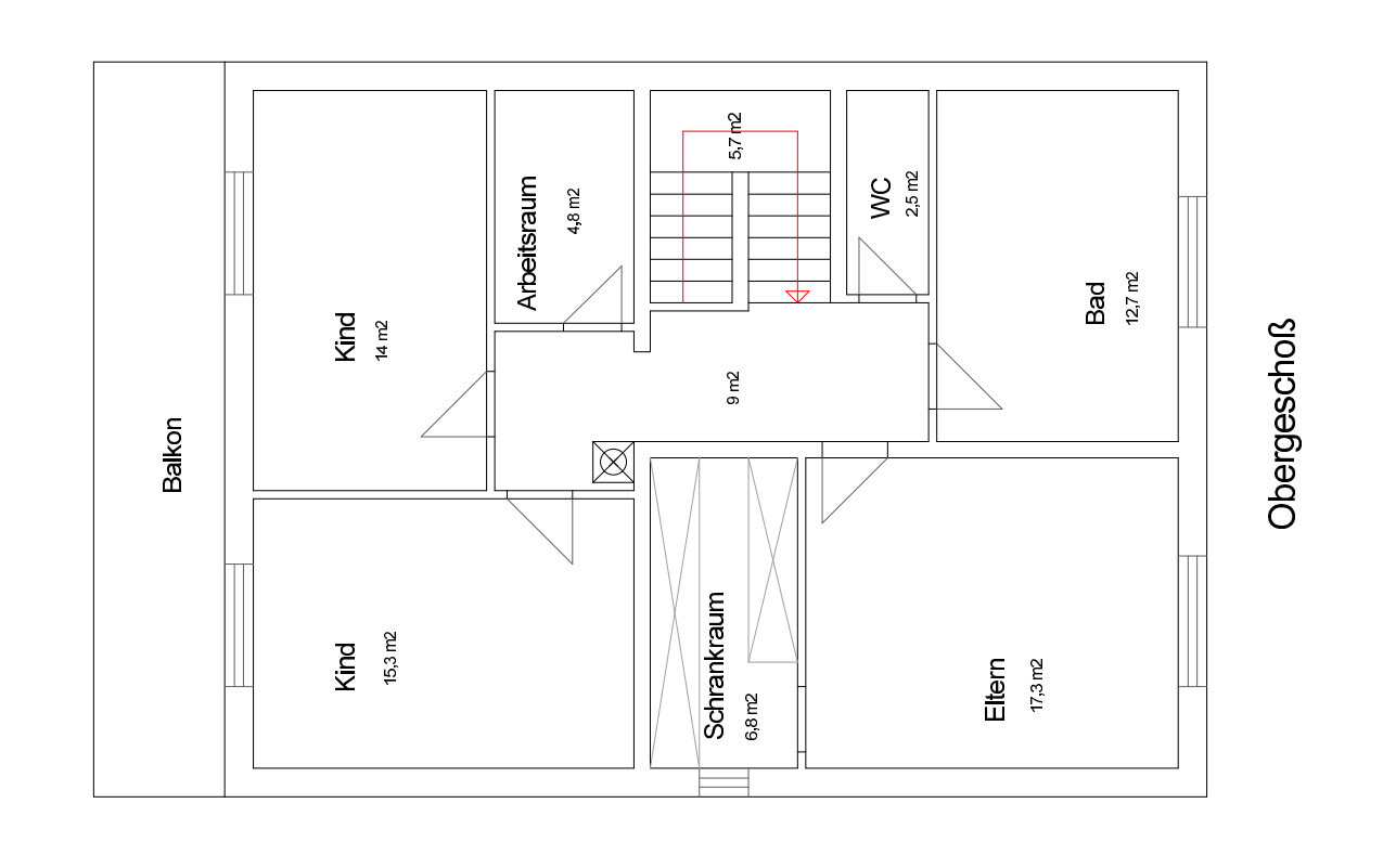 Upper floor plan: master bedroom, two children’s rooms, office, bathroom, WC, closet, balcony