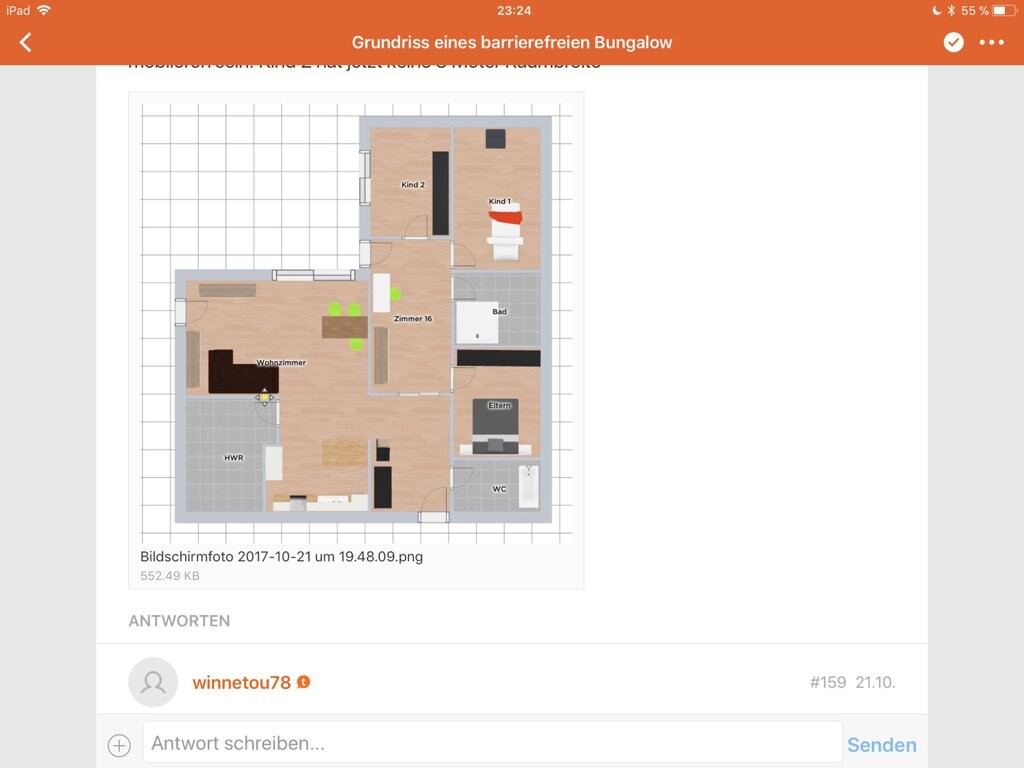 Floor plan of an accessible bungalow: living room, utility room, bathroom, toilet, master and children's rooms.