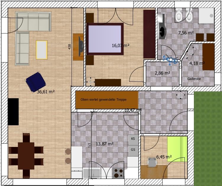 Floor plan: large living room on the left, kitchen at the bottom, bedroom in the middle, bathroom on the right, hallway, garden.
