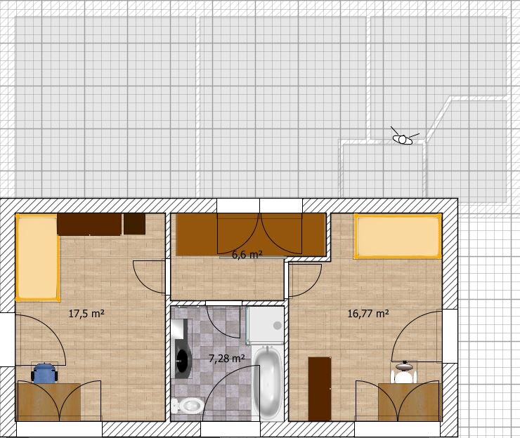Floor plan of a three-room apartment with bathroom, kitchen, and furniture; size details.