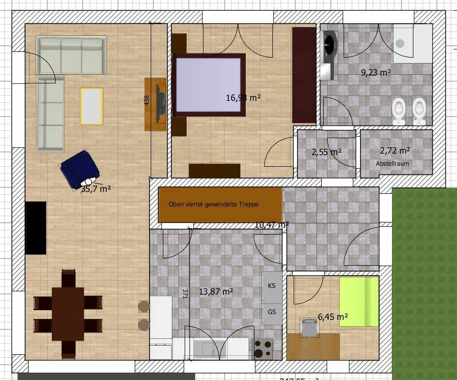 Floor plan of an apartment with living room, kitchen, dining area, bedroom, bathroom, storage room, and staircase.