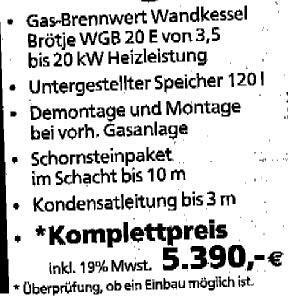 Advertisement for gas condensing wall-mounted boiler system with all-inclusive price 5,390 Euros incl. VAT