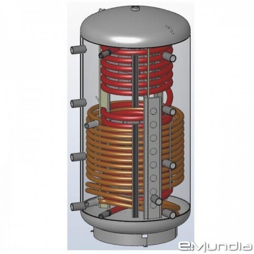 Vertical hot water storage tank with two heat exchanger coils (red on top, copper below).