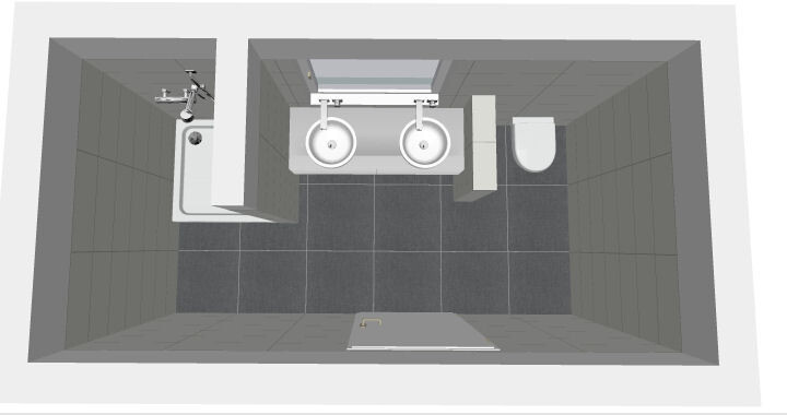 View from above: A small rectangular bathtub with shower on the left, two sinks in the middle, toilet on the right.