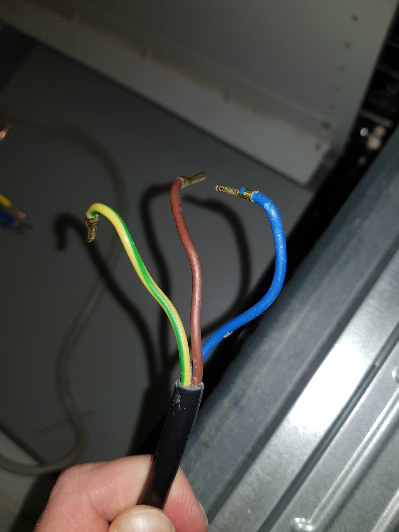 Hand holding stripped brown, blue, and green-yellow wires in home electrical installation