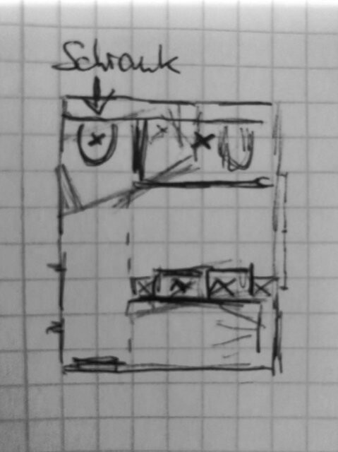 Sketch of a room: Bed at the bottom, wardrobe top left, desk in the middle, window right.