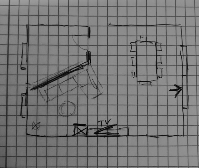 Handgezeichneter Grundrissplan eines Wohn- und Essbereichs mit Treppenzeichnung
