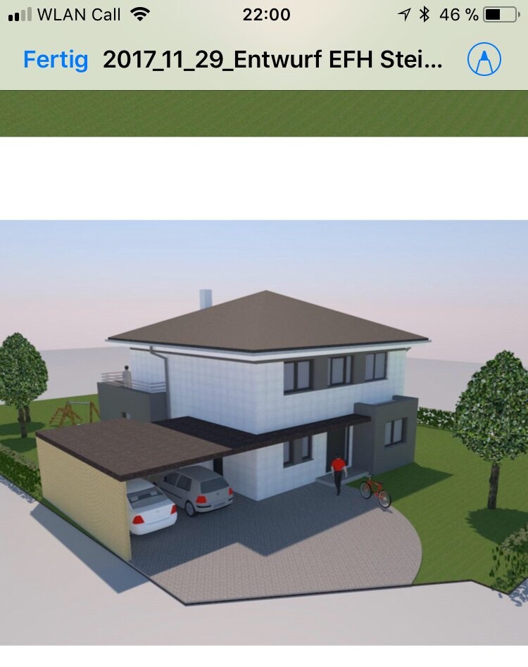 Modern two-story villa with carport, two cars, bicycle, and green garden.